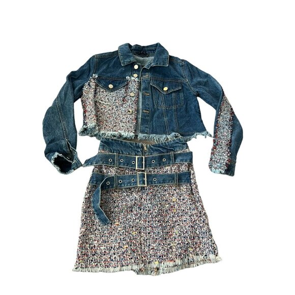 Fashion Nova Dresses & Skirts - Fashion Nova Cropped Tweed Denim Jacket Skirt Set Raw Hem Size XS NWT